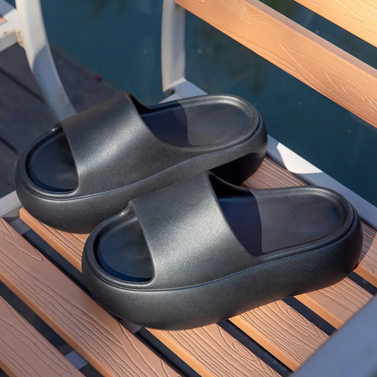 Open Toe Platform Slippers Black