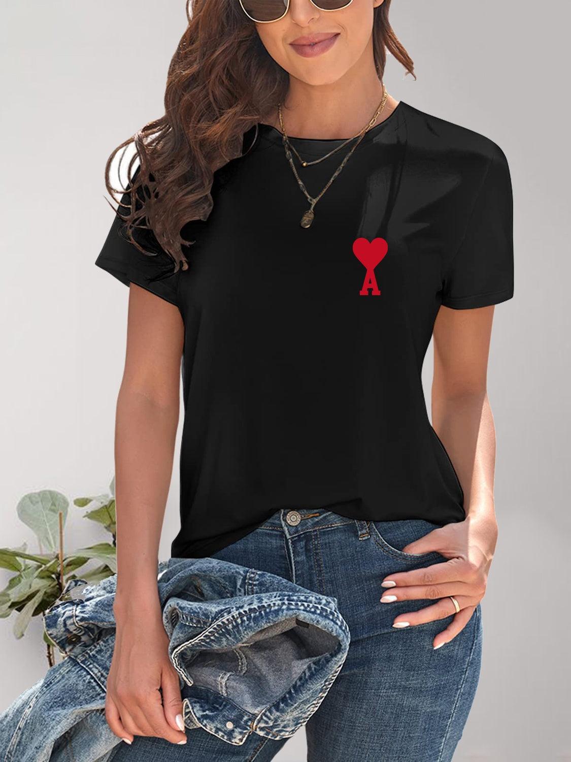 Heart Round Neck Short Sleeve T-Shirt Black