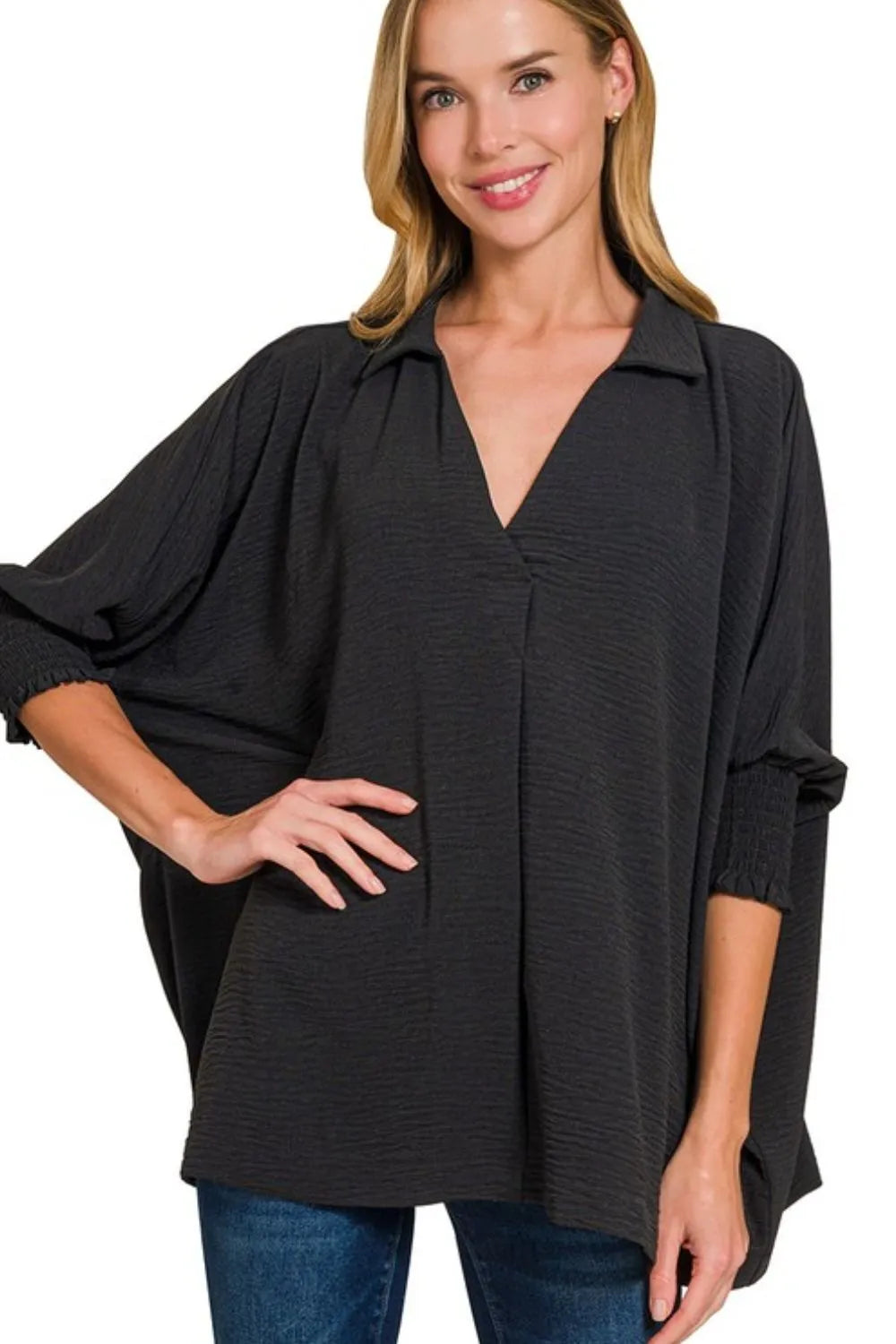 Zenana Airflow Collar Tee with Smocked Sleeve Band Top BLACK