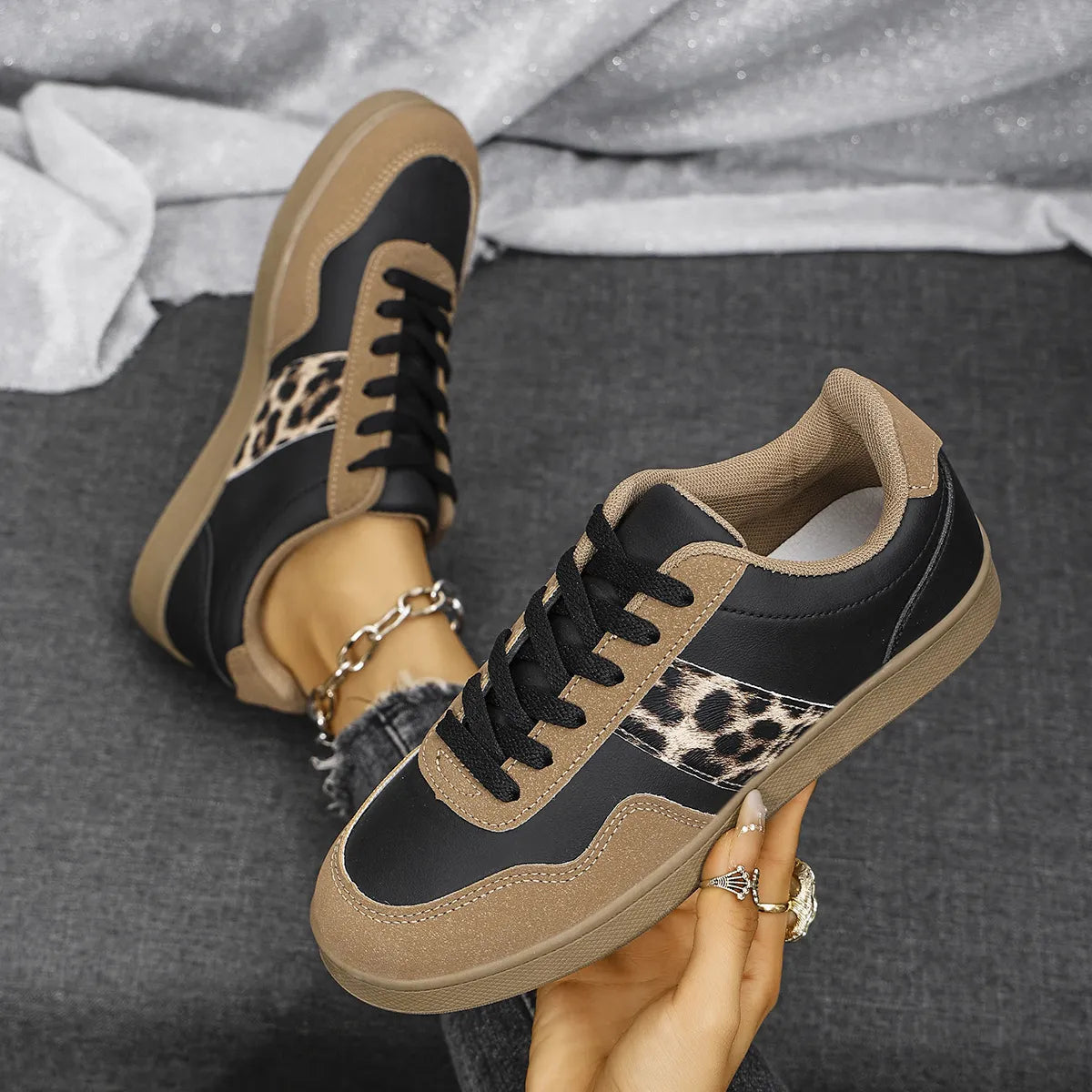 Leopard Lace Up Round Toe Sneakers Taupe