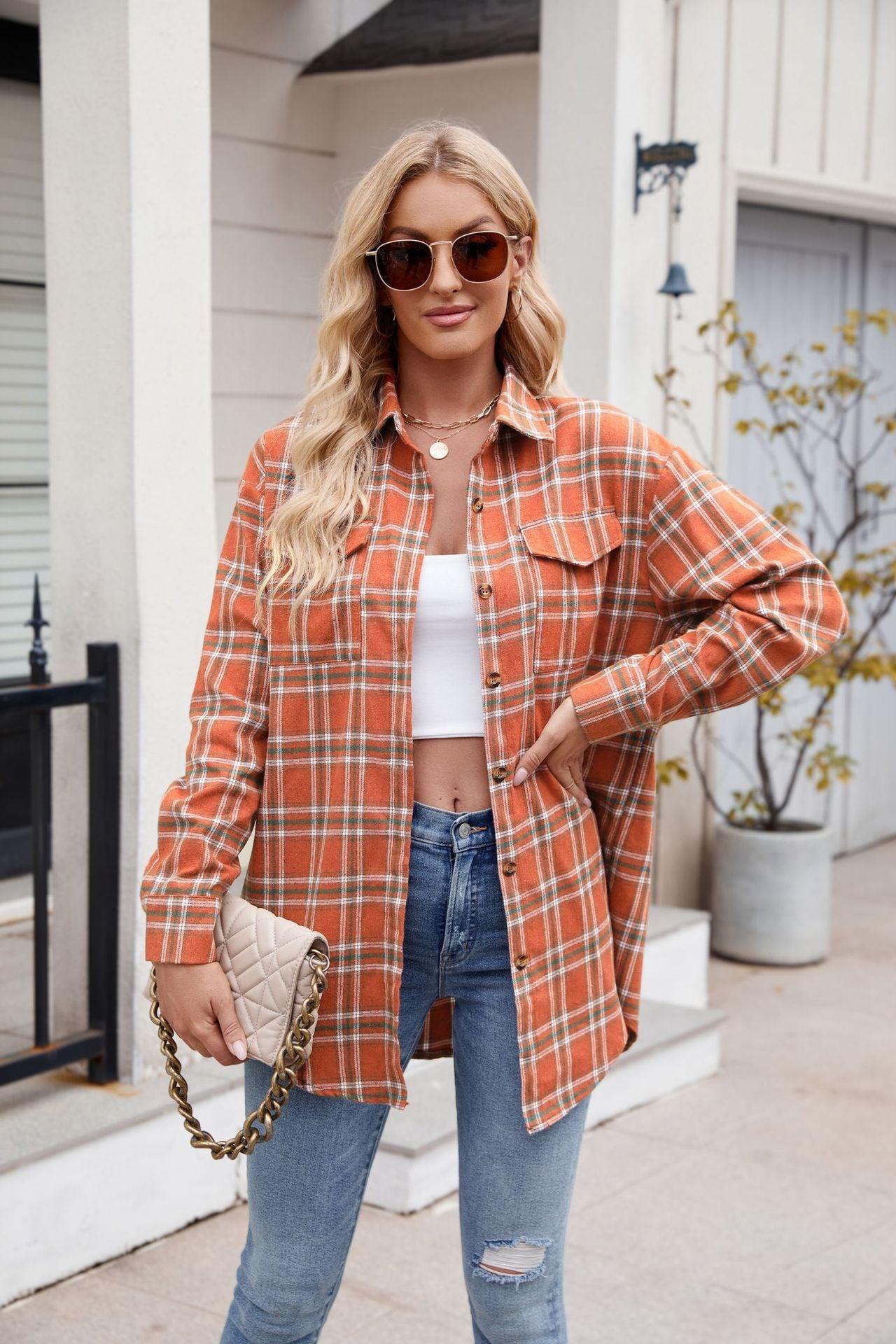 Mandy Plaid Button Up Long Sleeve Shirt Orange