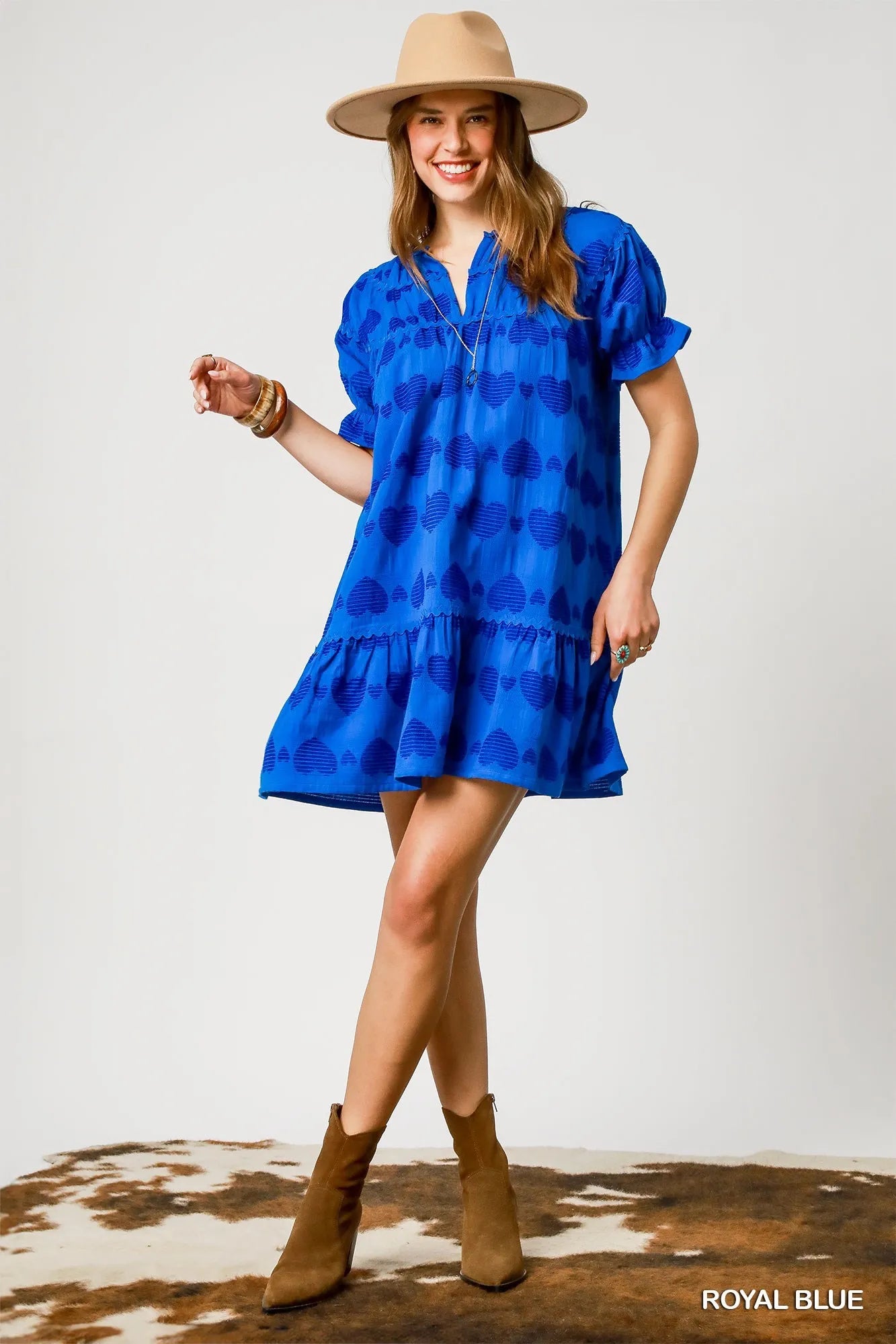 Umgee Heart Pattern Short Sleeve Ruffle Babydoll Dress
