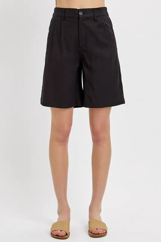 RISEN High Rise Pleated Front Shorts Black