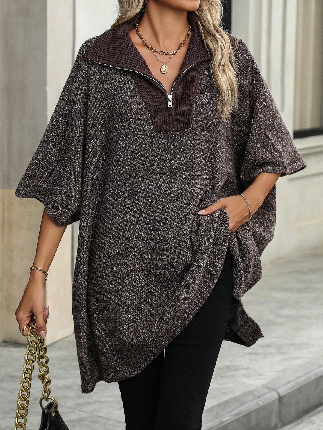 Slit Quarter Zip Half Sleeve Sweater Coffee Brown
