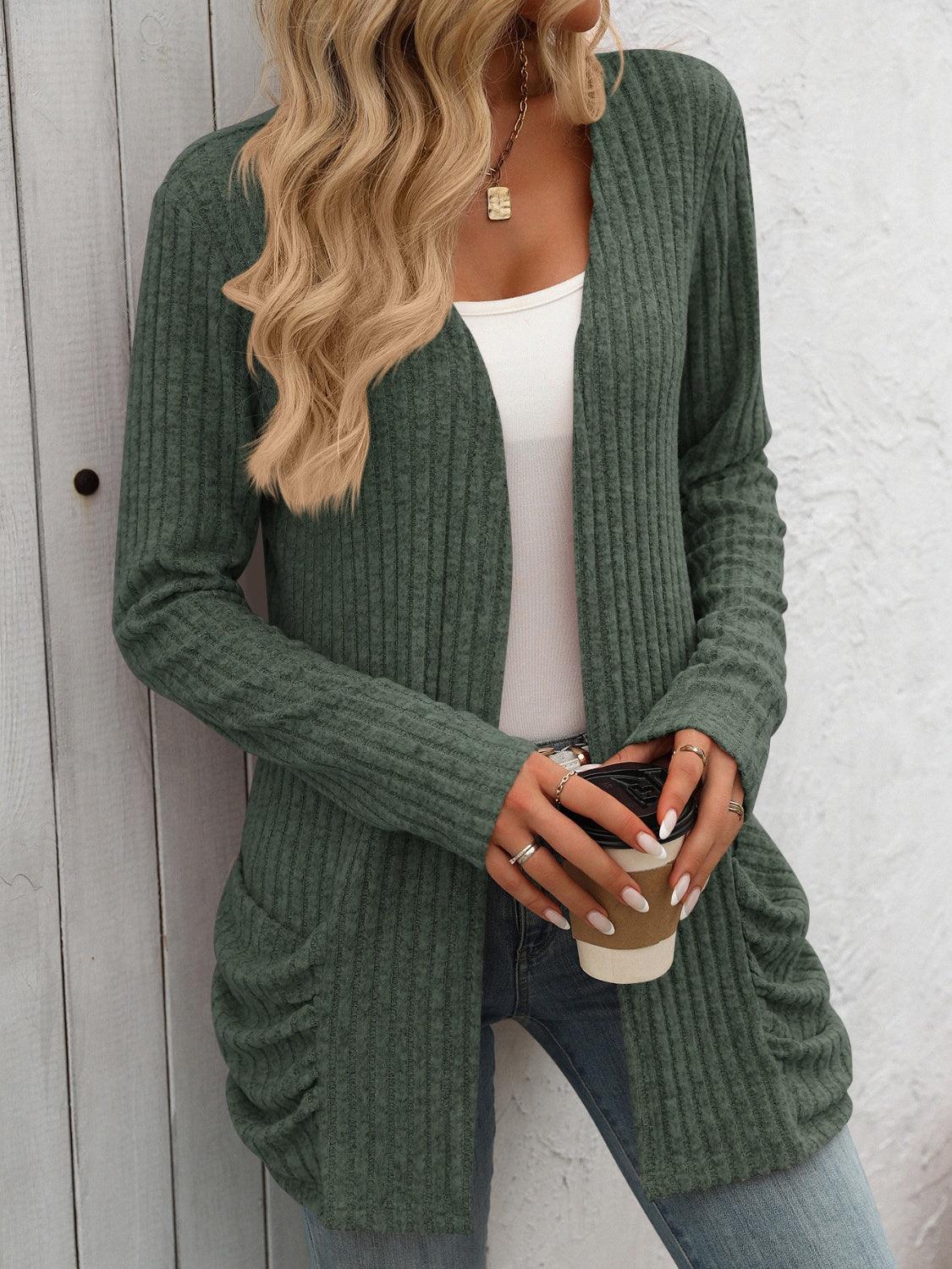 Mandy Open Front Long Sleeve Ribbed Cardigan Army Green