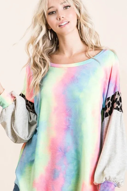 BiBi Tie Dye Terry Top with Contrast Puff Sleeves