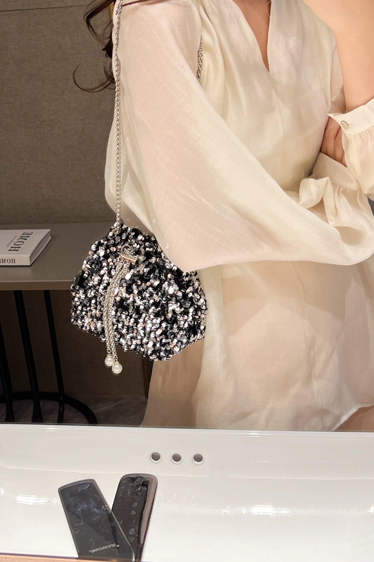 Sequin Chain Drawstring Bucket Bag Silver One Size