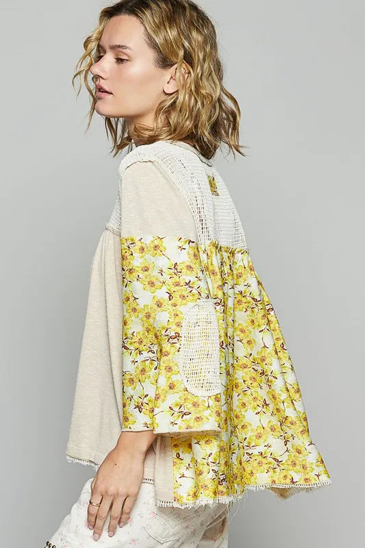 POL Washed Floral Print Crochet Detail Top