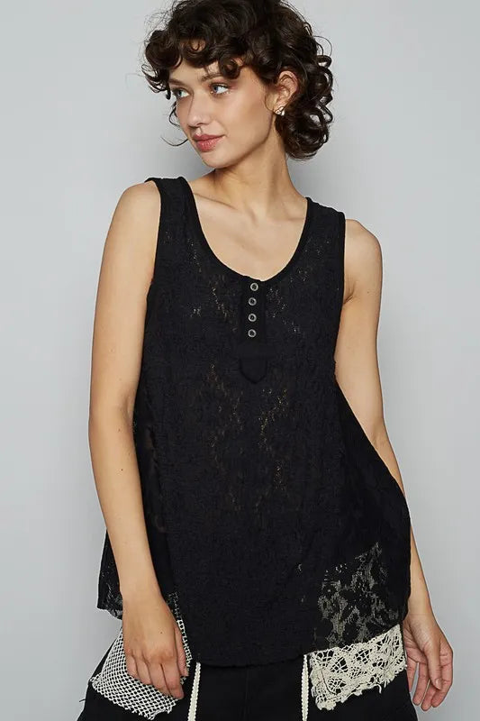 POL Crochet Lace Mix Button Detail Round Neck Tank
