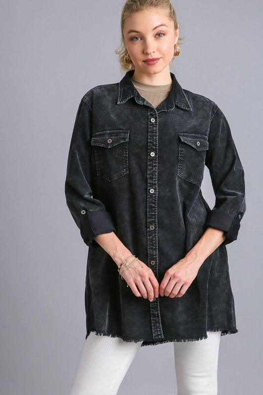 Umgee Raw Hem Button Down Denim Jacket with Chest Pockets Black