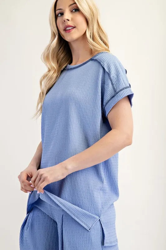 Celeste Full Size Relaxed-Fit Textured Top with Short Sleeves Plus Size