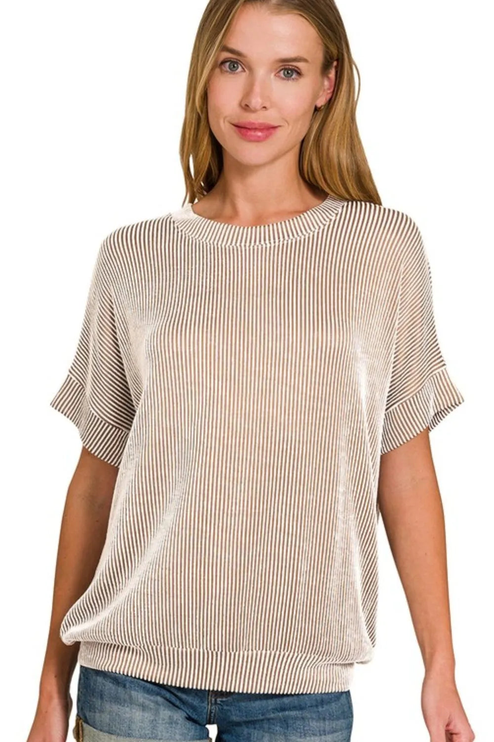 Zenana Corded Rib Short Sleeve T-Shirt MOCHA