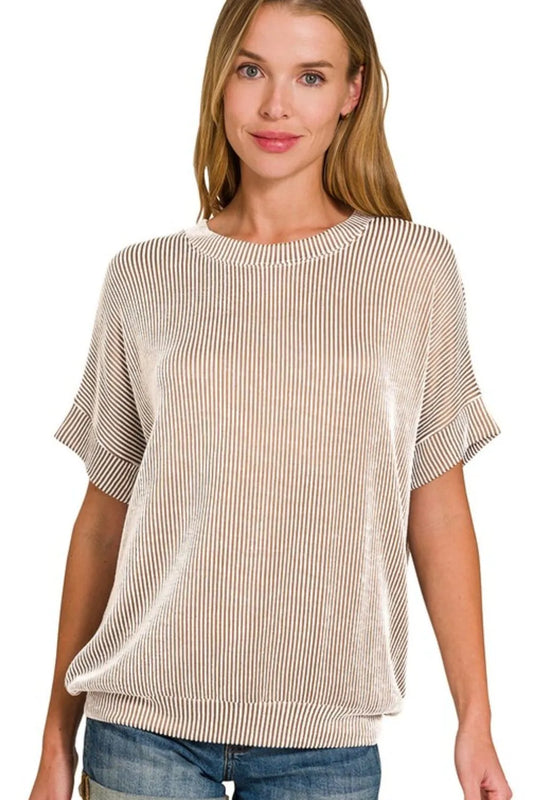 Zenana Corded Rib Short Sleeve T-Shirt MOCHA