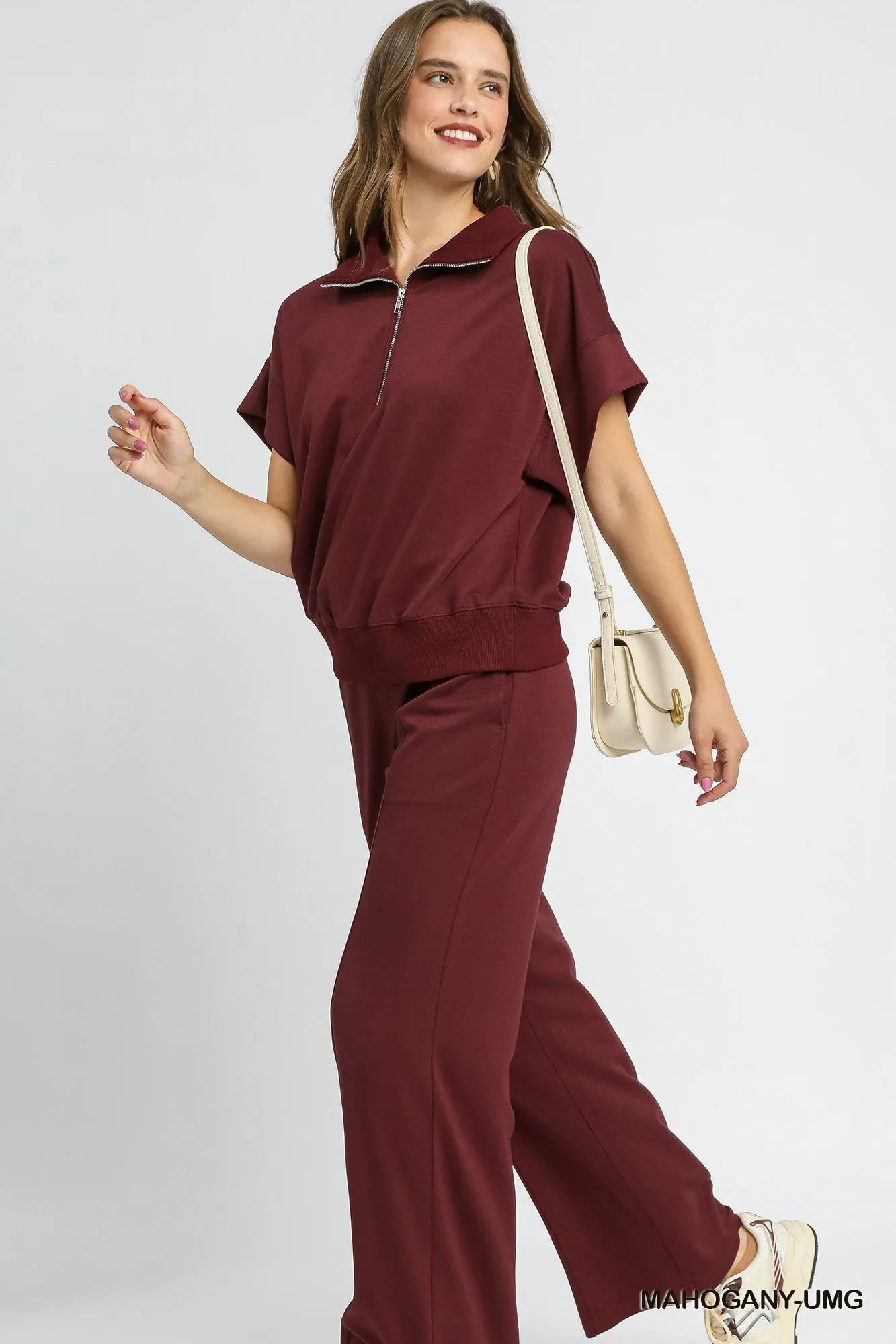 Umgee Full Size Half-Zip Short Sleeve Top Plus Size