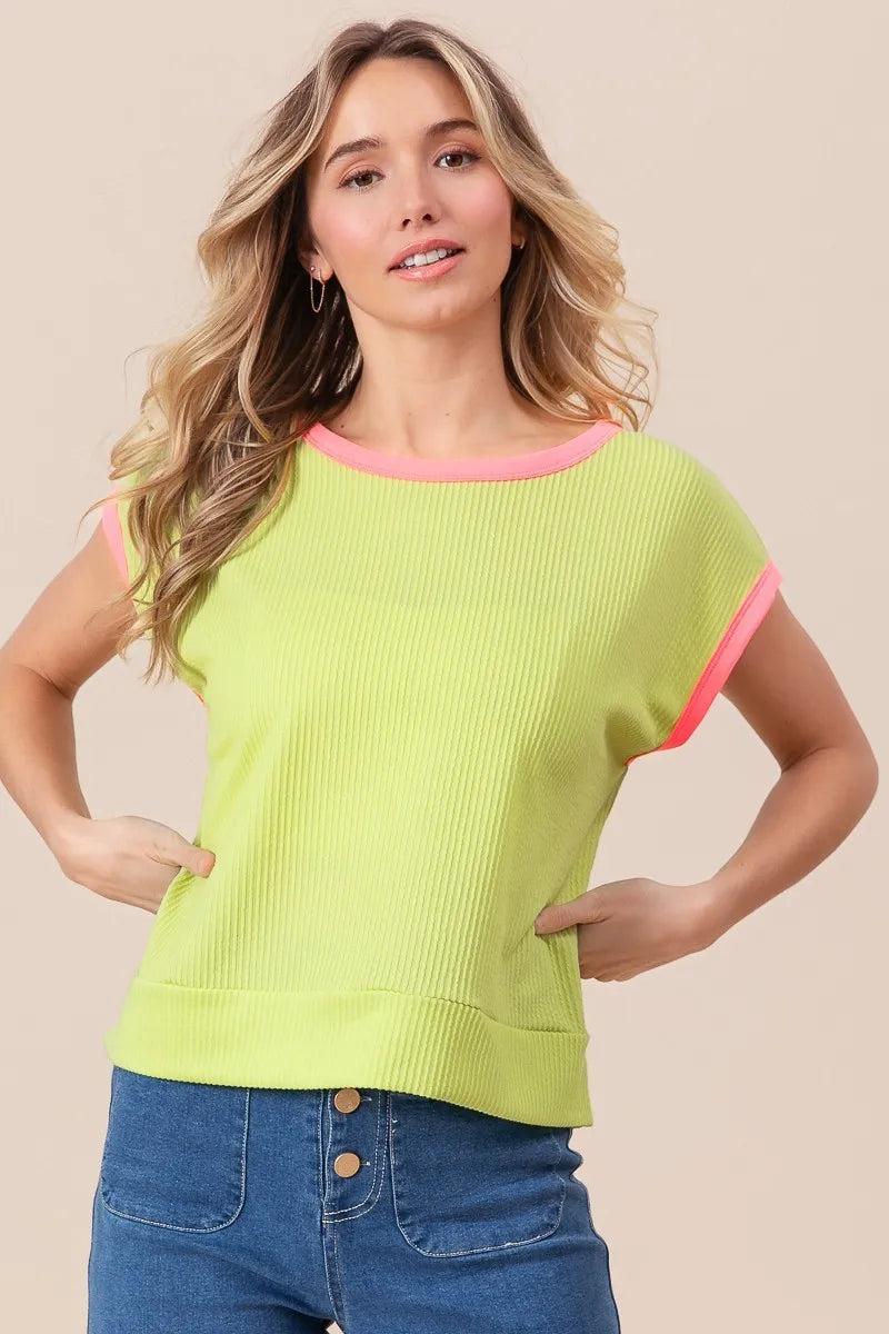 BiBi Cord Rib Knit Contrast Banded Top