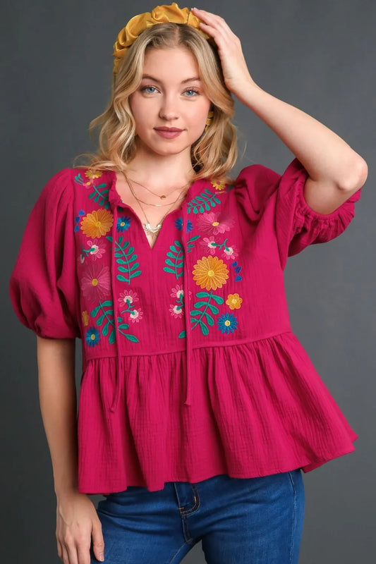 Umgee Full Size Cotton Gauze Floral Embroidery Babydoll Blouse Plus Size Deep Rose