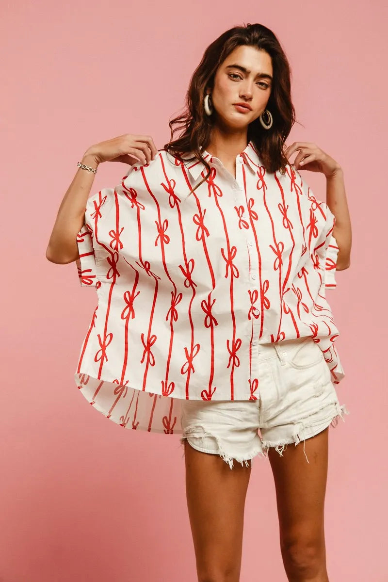 BiBi Bow Ribbon Woven Printed Button Down Shirt OFF WHITE RED