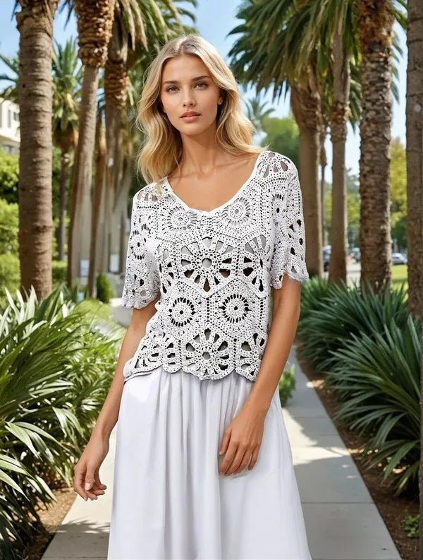 ADORA Crochet Short Sleeve Top White