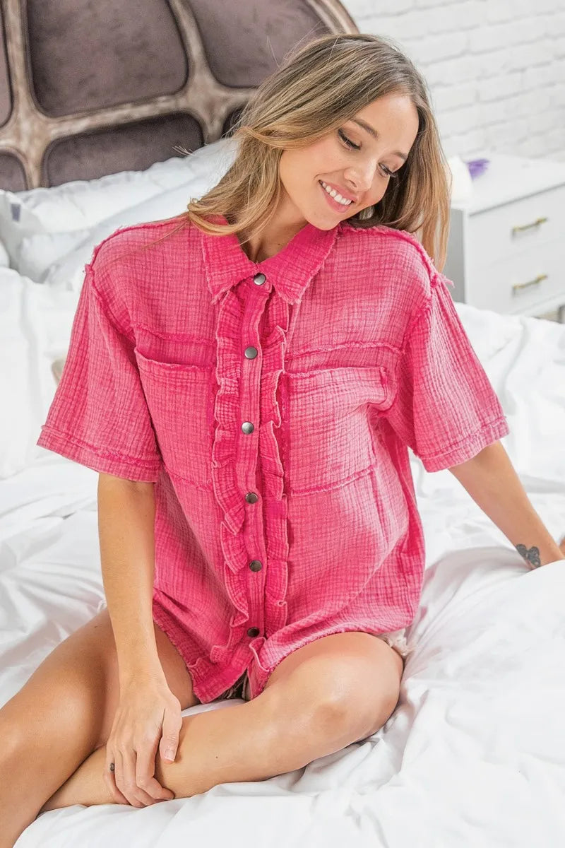 BiBi Mineral Washed Wrinkle Gauze Raw Edge Shirt Top