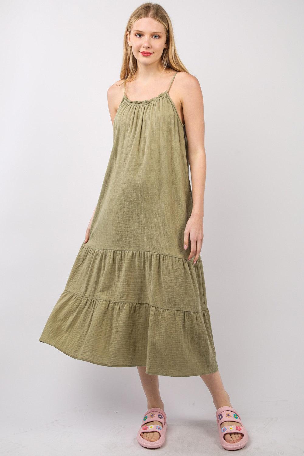 VERY J Ruffled A-Line Midi Cami Dress Earth