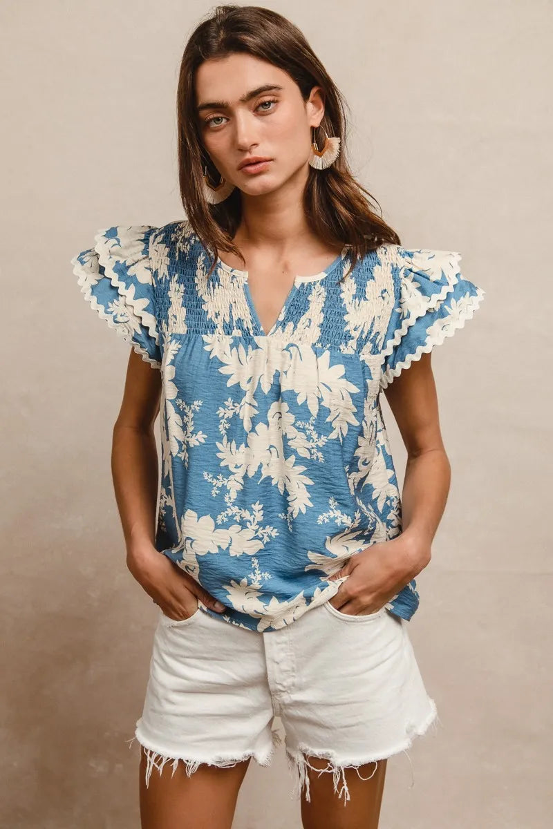 BiBi Floral Prints Wave Trim Smocking Details Short Sleeve Blouse