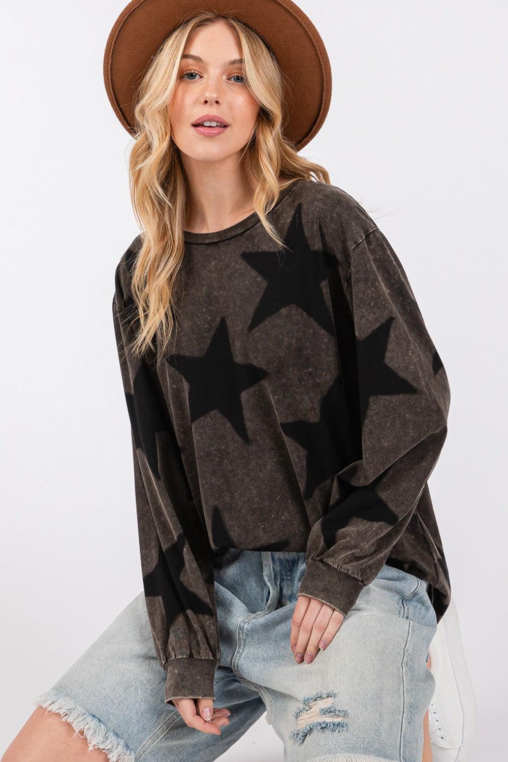 SAGE + FIG Mineral Wash Star Pattern T-Shirt Black