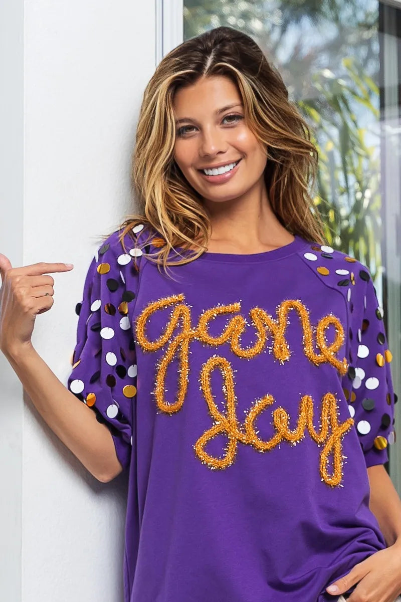 BiBi Game Day Metallic Letter Spangle Sleeve Top