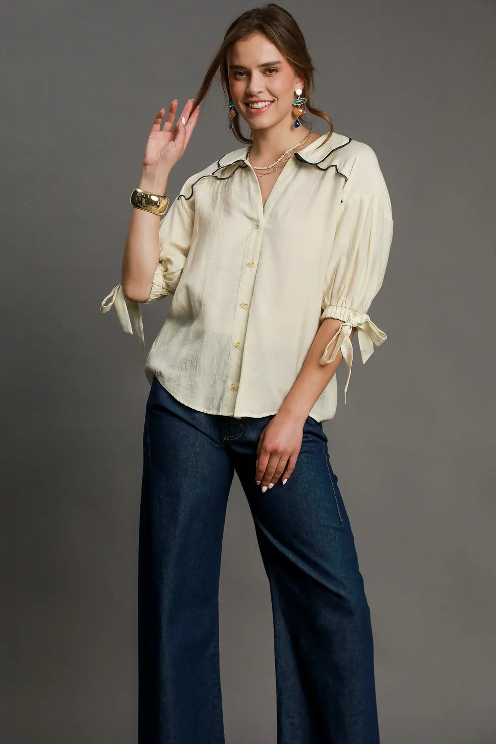 Umgee Full Size Embroidered Detail Button Down Shirt Plus Size ECRU