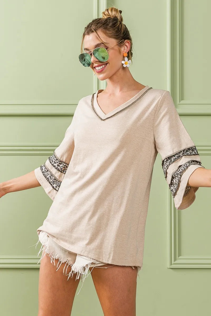 BiBi Triblend Knit Top with Leopard Band Detail