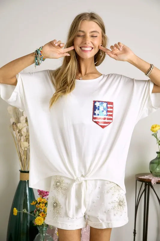 ADORA Sequin US Flag Pocketed Top Off White