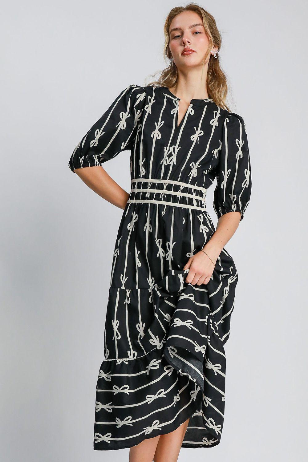 Umgee Bow Tie Print Notched Contrast Velvet Trim Midi Dress Black
