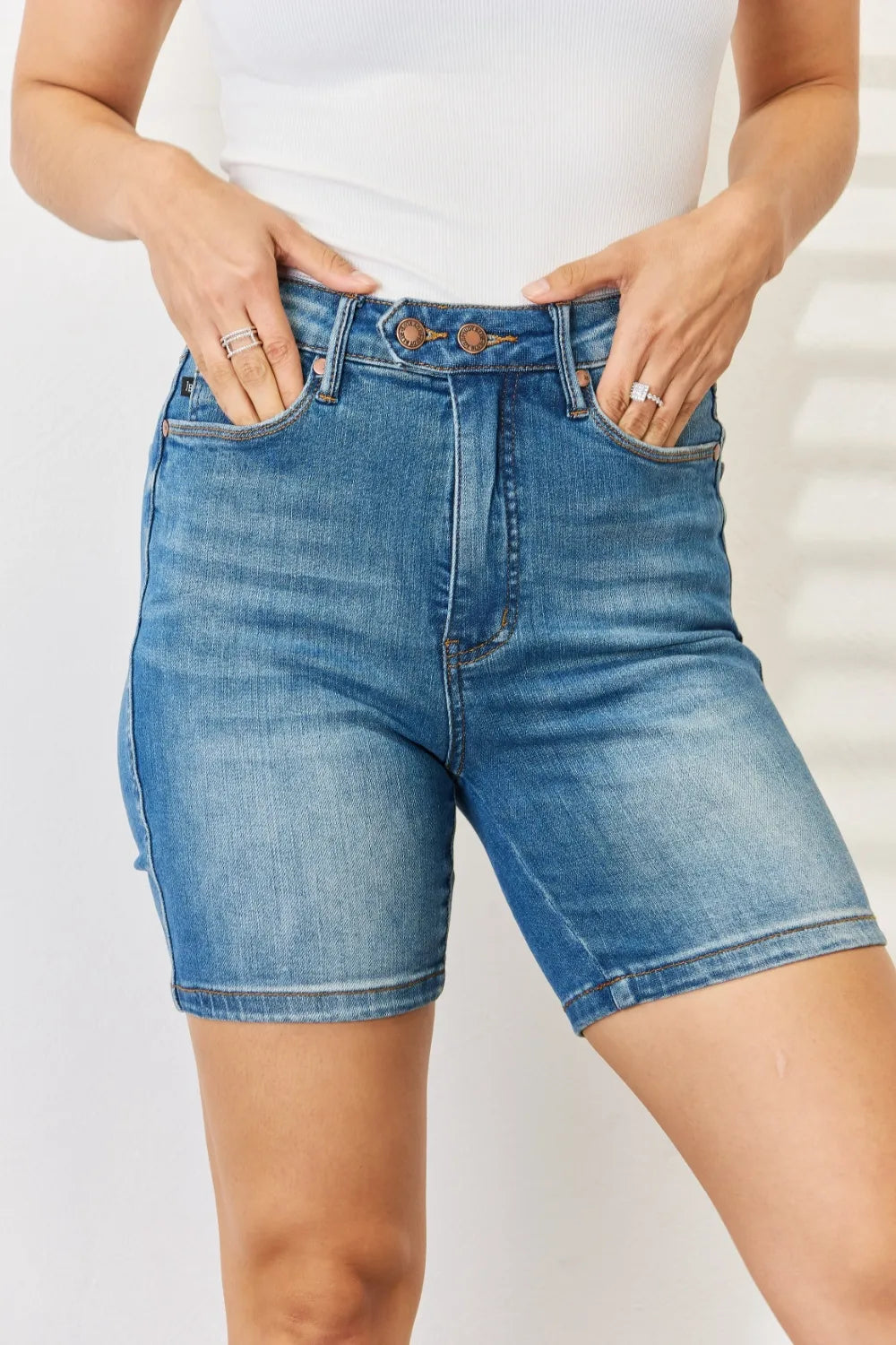 Judy Blue Full Size Tummy Control Double Button Bermuda Denim Shorts Medium