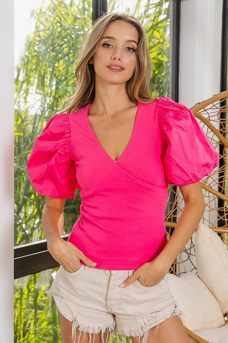 BiBi Front Wrap V-Neck Puff Sleeve Rib Knit Top