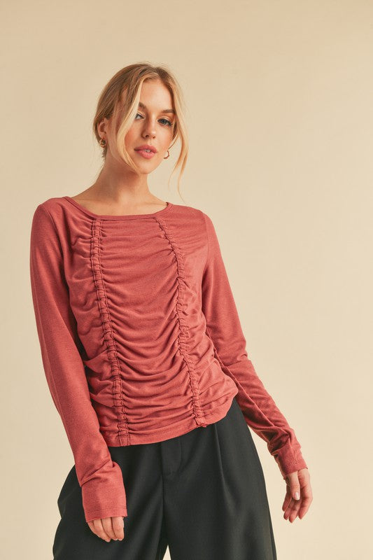 Aemi + Co Ruched Front Round Neck Long Sleeve T-Shirt
