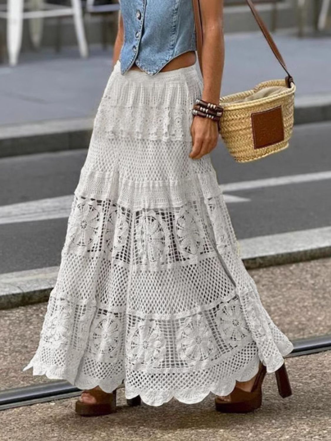Openwork Crochet Maxi Skirt White One Size