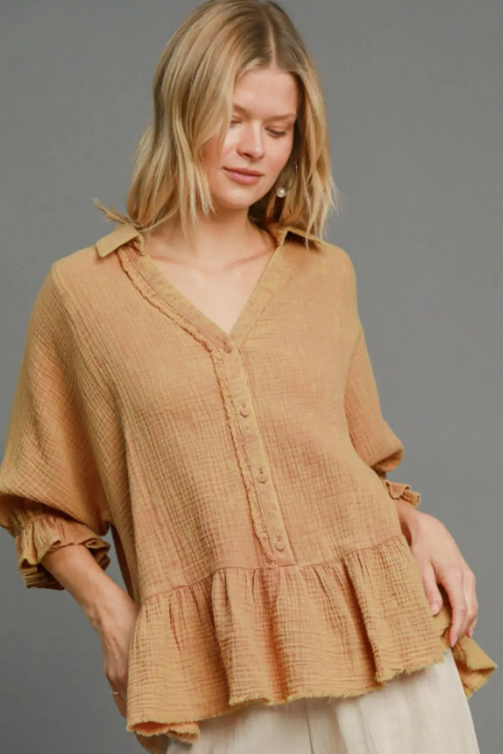 Umgee Full Size Mineral Washed Cotton Gauze Top Plus Size LATTE