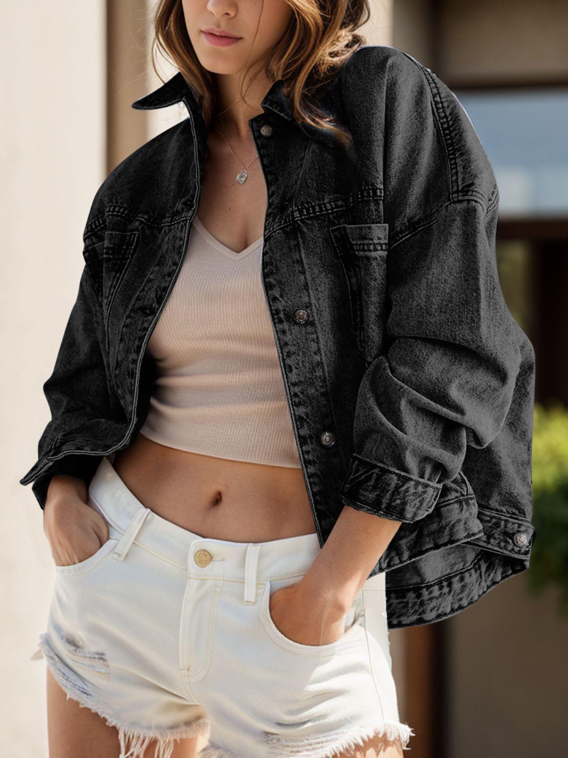 Pocketed Button Up Denim Jacket Dark