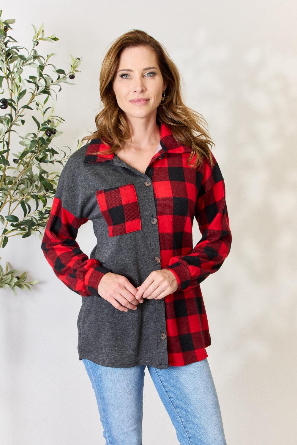 Heimish Full Size Plaid Button Down Shacket RED BLACK