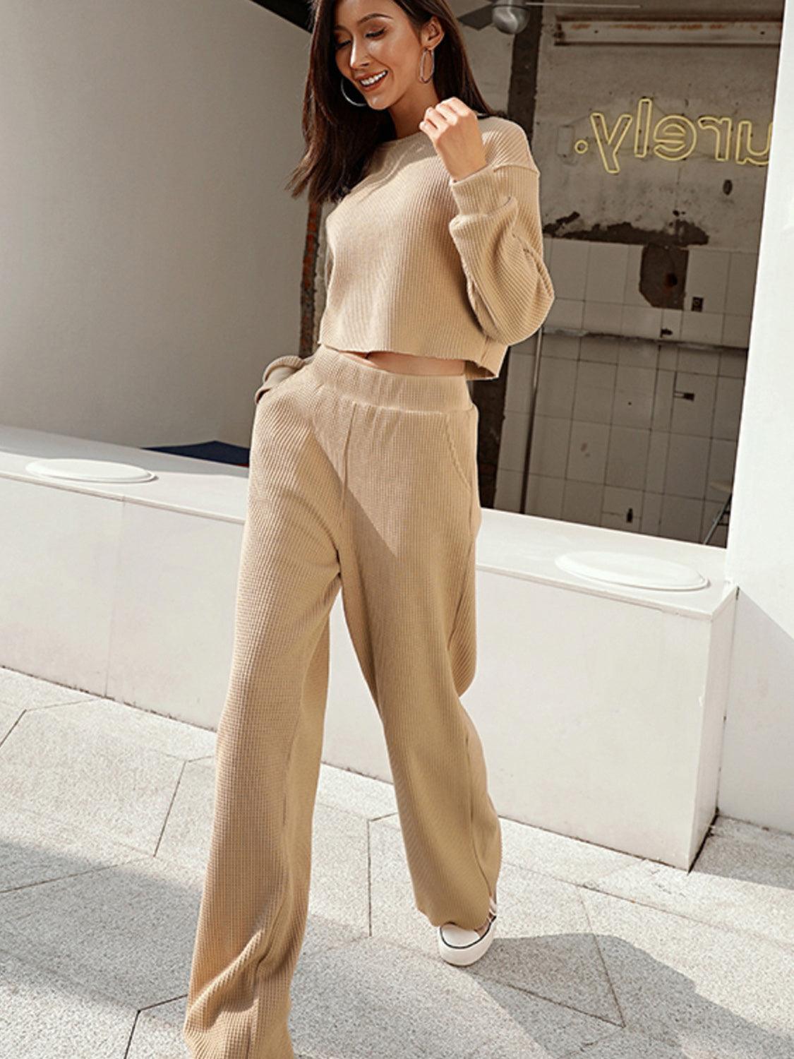 Waffle-Knit Round Neck Top and Pants Set Tan