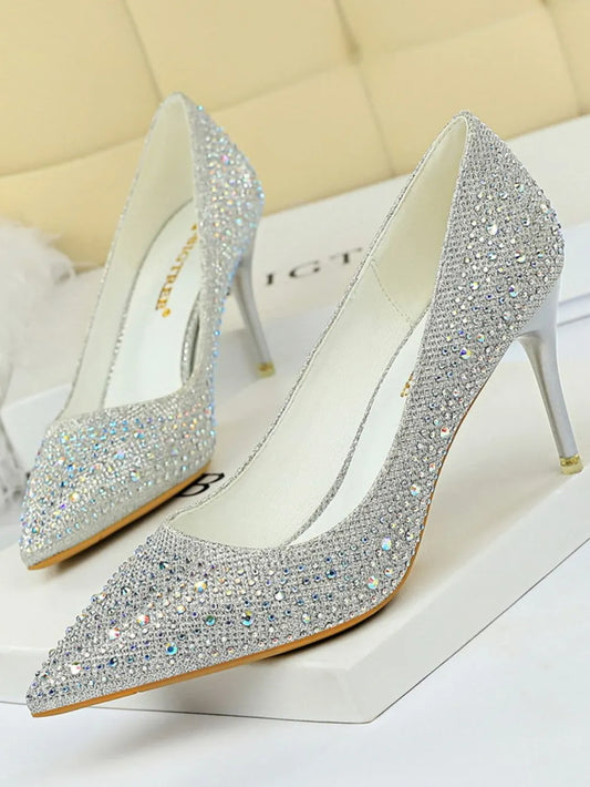 Point Toe Rhinestone Decor Stiletto Pumps Silver