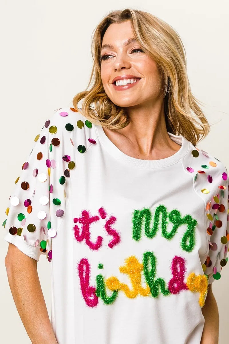 BiBi Metallic Letter Spangle Raglan Puff Sleeve Top