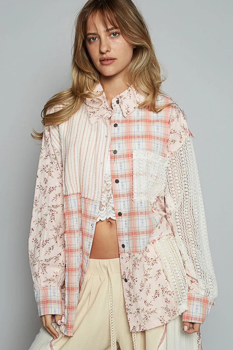 POL Lace Patchwork Floral Button-Up Shirt BLUSH MULTI