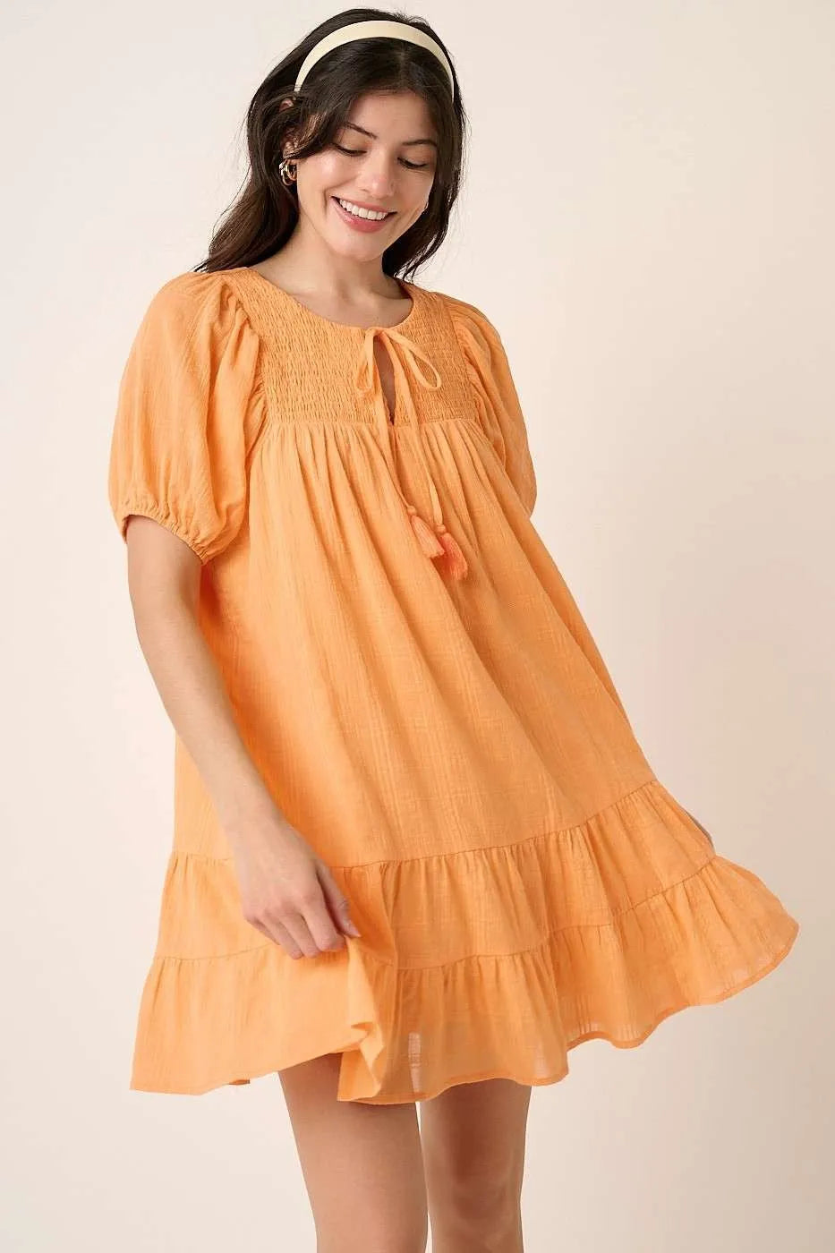 Mittoshop Tassel Tie Plaid Gauze Short Sleeve Mini Dress