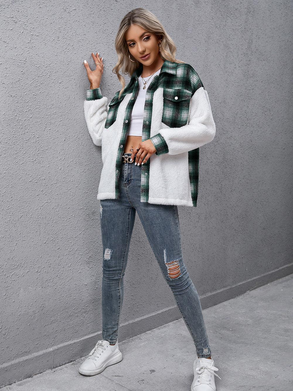 Ivy Lane Plaid Collared Neck Button Down Jacket Green