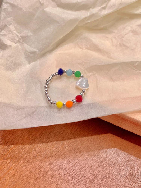 Acrylic Beaded Heart Ring Multicolor One Size