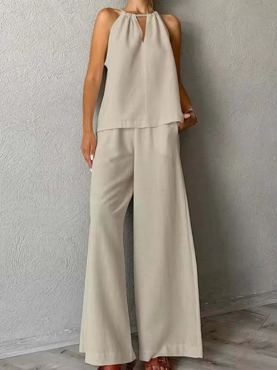 Sleeveless Top and High Rise Pants Set Dust Storm