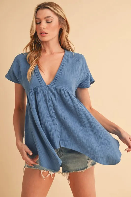 Aemi + Co Tuck Detail V-Neck Short Sleeve Blouse