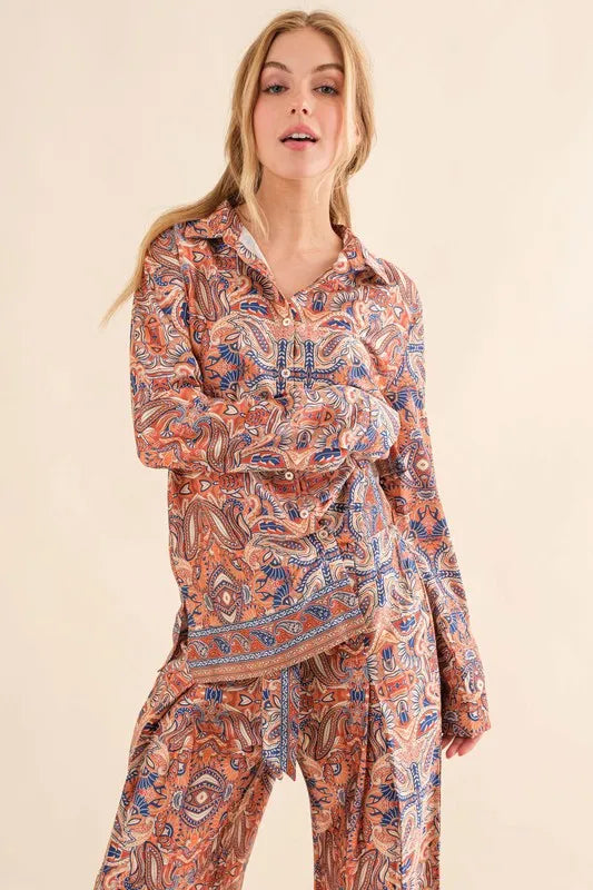 And The Why Satin Paisley Pattern Button Down Shirts