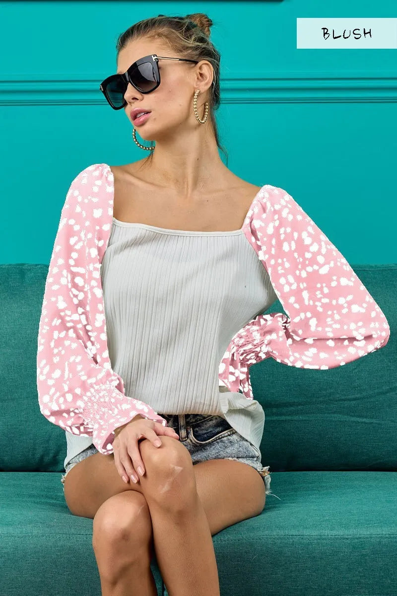 BiBi Ribbed Top with Leopard Long Sleeves BLUSH