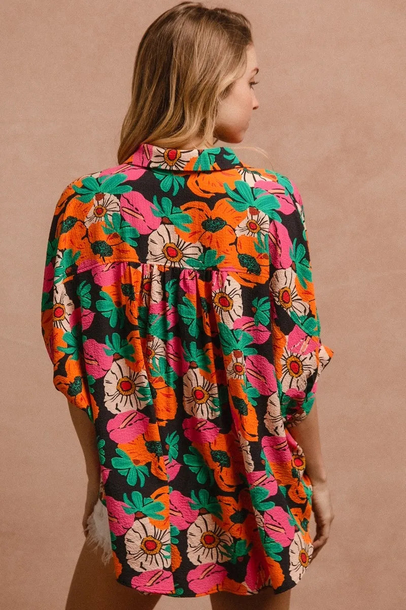 BiBi Floral Print Soft Crinkle Short Dolman Sleeves Blouse